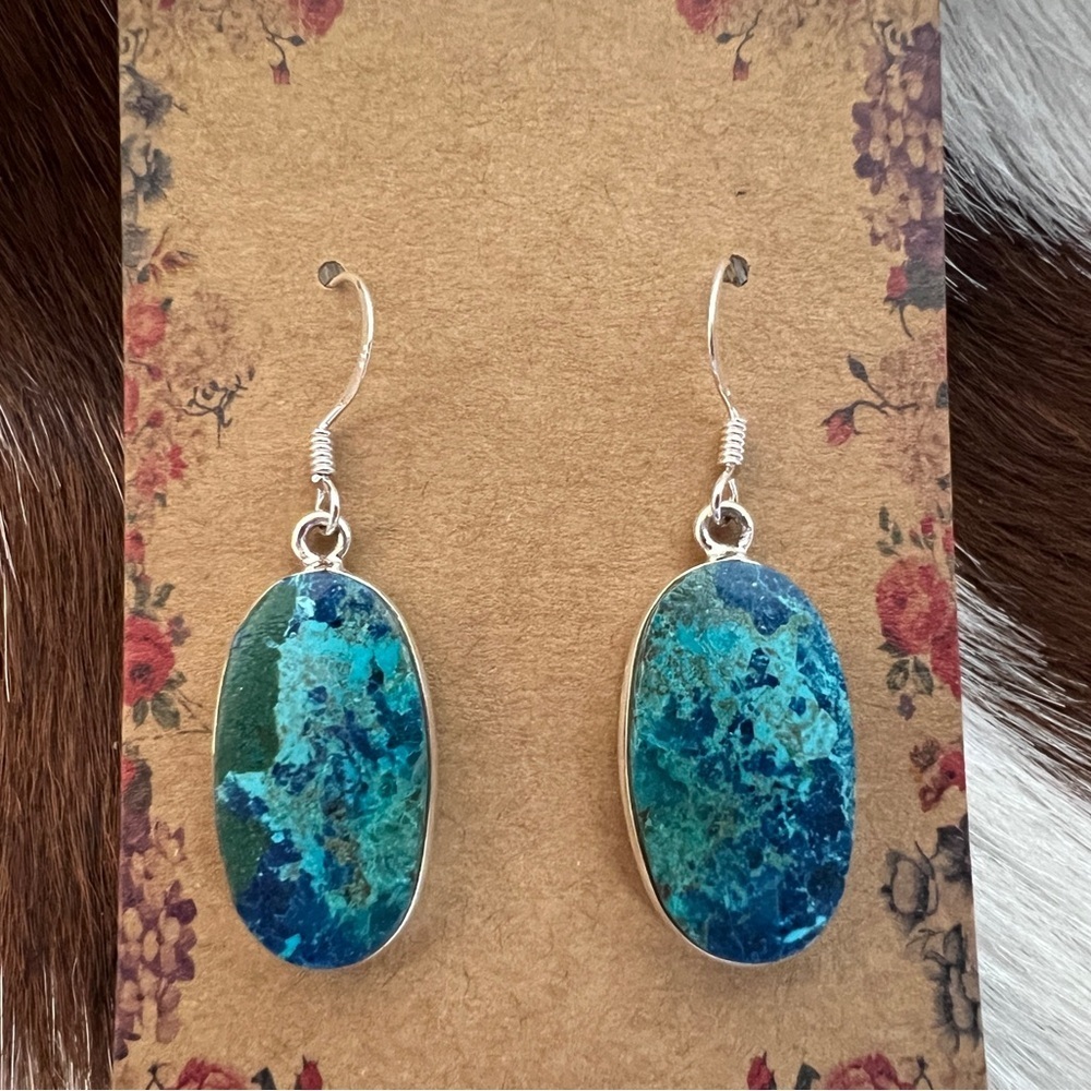 ❤️ Shattuckite Natural Gemstone Navajo Southwestern 925 Dangle Earrings 1.53”L